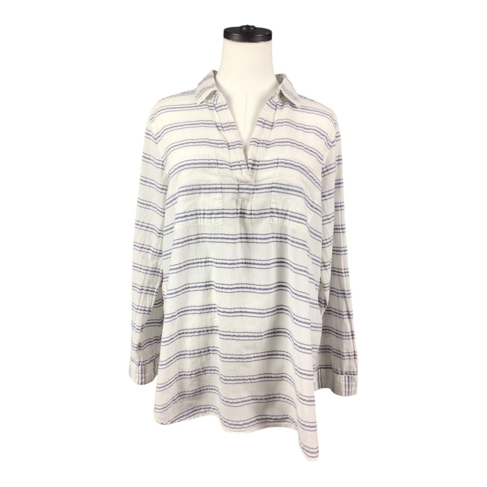 Old Navy Tunic Large Striped V-Neck Pullover Shirt White Blue Cottagecore